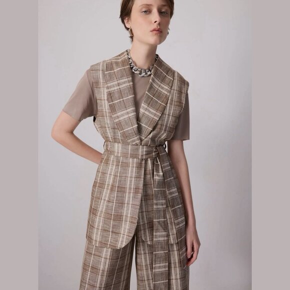 Touché Privé Two-Piece Suit Plaid 100% Linen Belted Vest & Wide-Leg Pants Size L - Picture 4 of 7